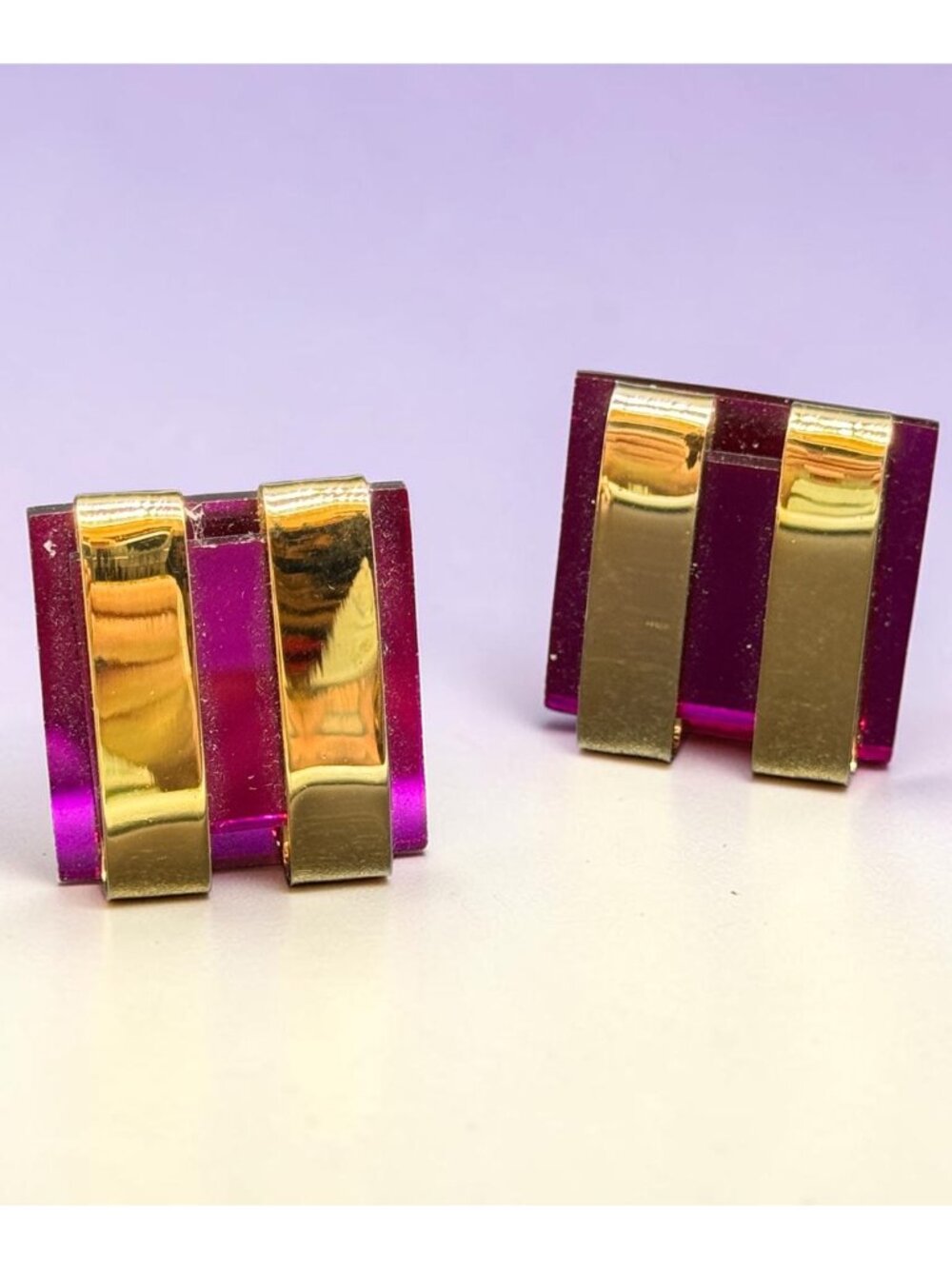 Vintage 1990s Clip-on Earrings Square Purple Acrylic Gold Details